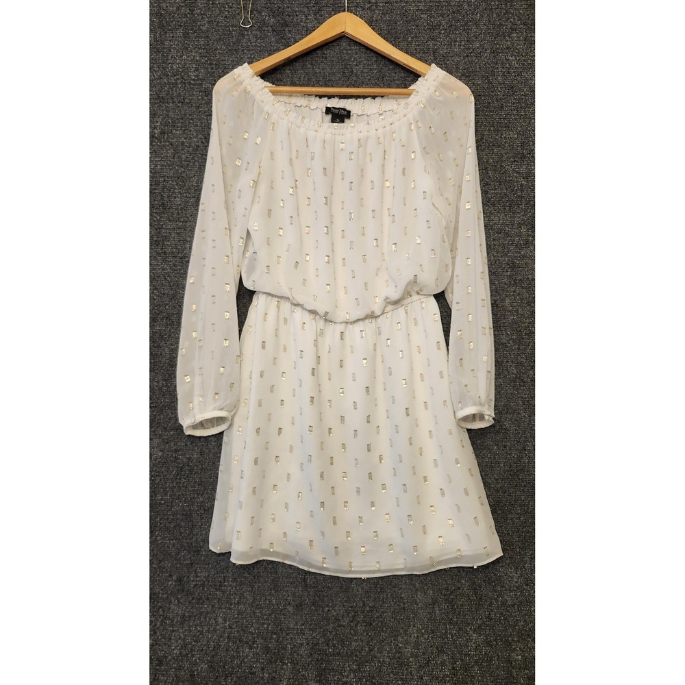 White House Black Market Dress Womens XS White Jacquard Off Shoulder Boho Mini